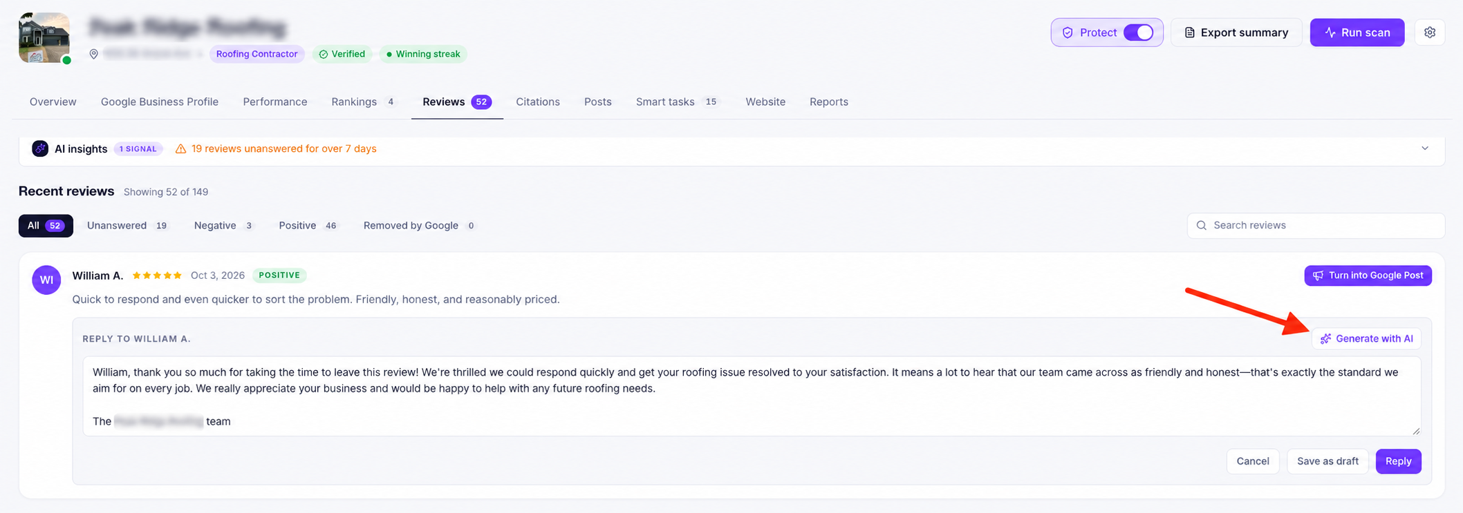 AI google review replies by ranksphere.io