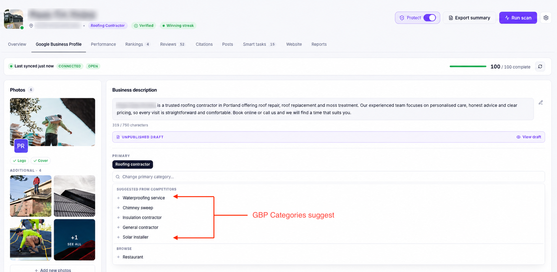 GBP Management Tool with GBP categories suggest by ranksphere.io