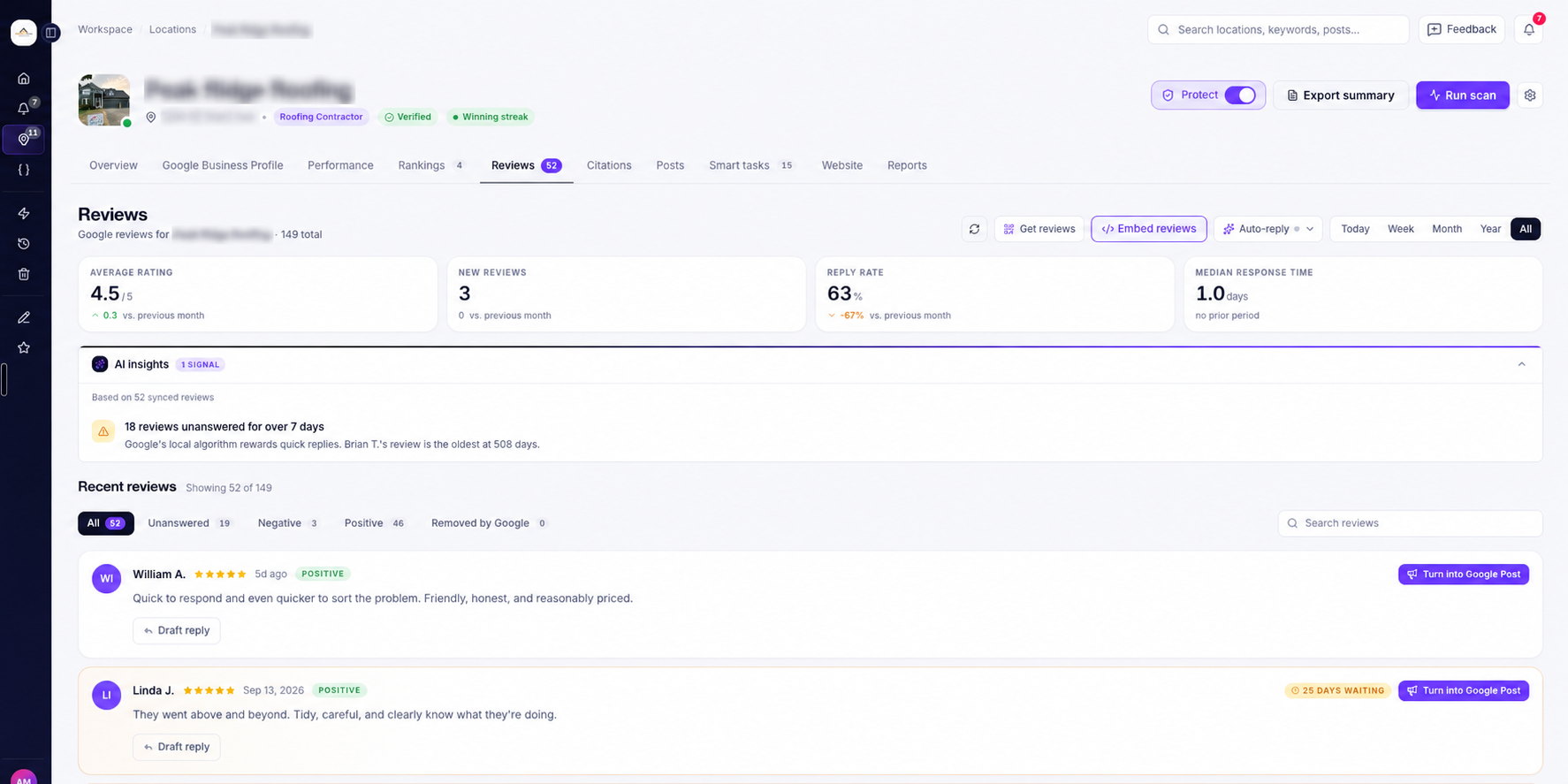 Google review management dashboard by ranksphere
