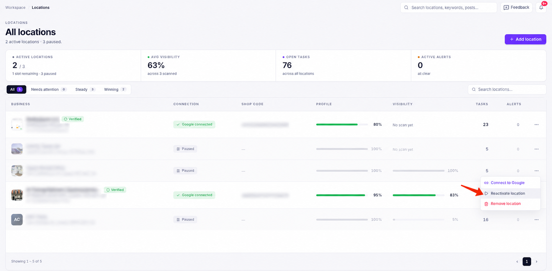 How to reactivation location in ranksphere.io