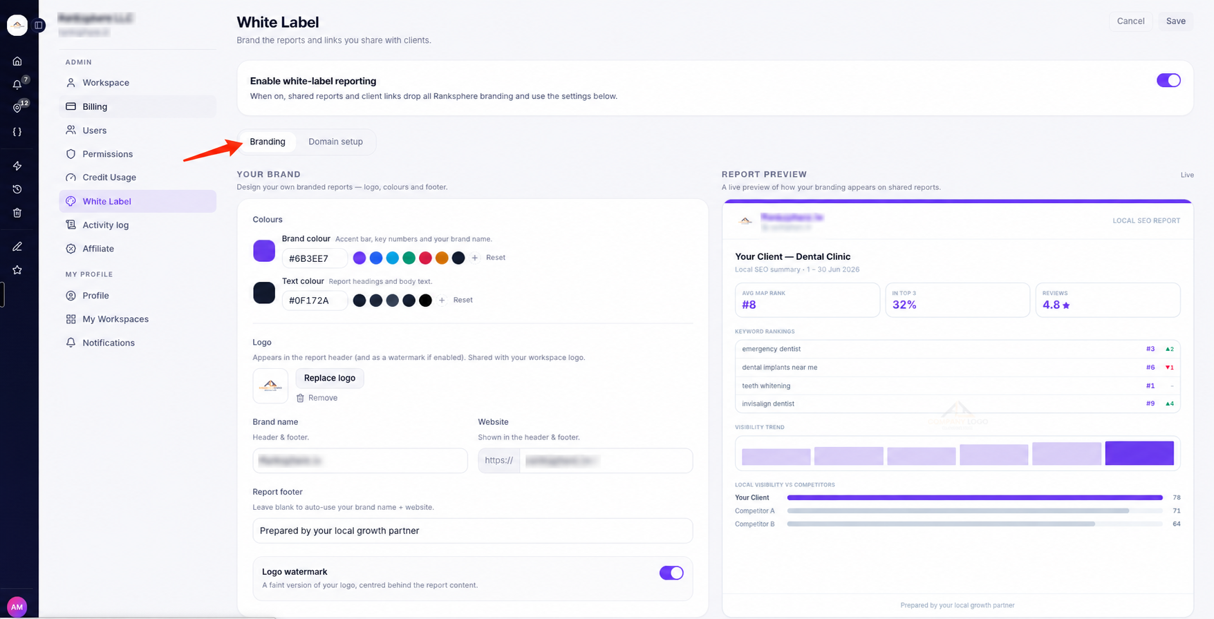 white label branding settings by ranksphere.io